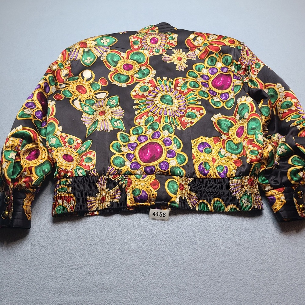 Carlisle Silk Bomber Jacket Womens 6 Black Excellent Vintage Jewel Print Quilted - Picture 6 of 7